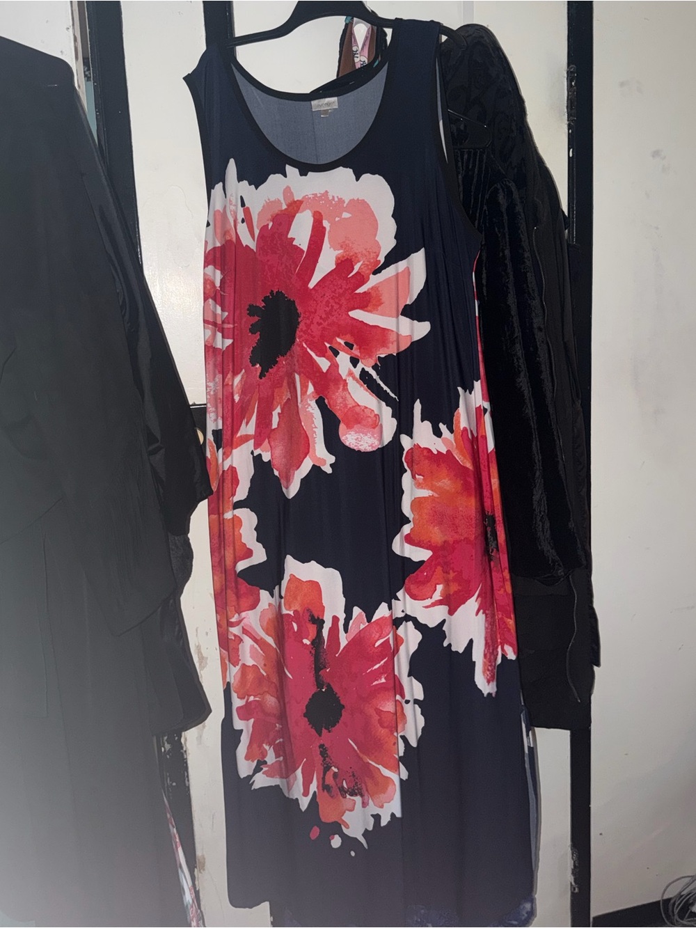 Avenue Black Maxi Dress with Coral-Red Floral Print